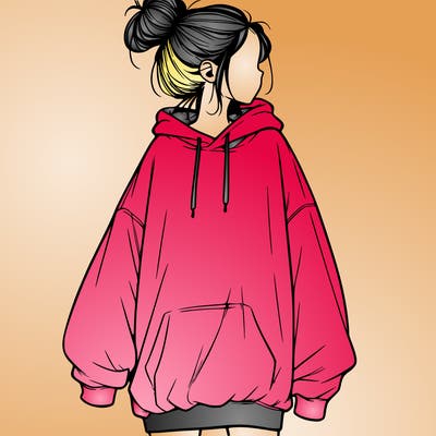 realistic girl with a oversized sweatshirt on and a bun