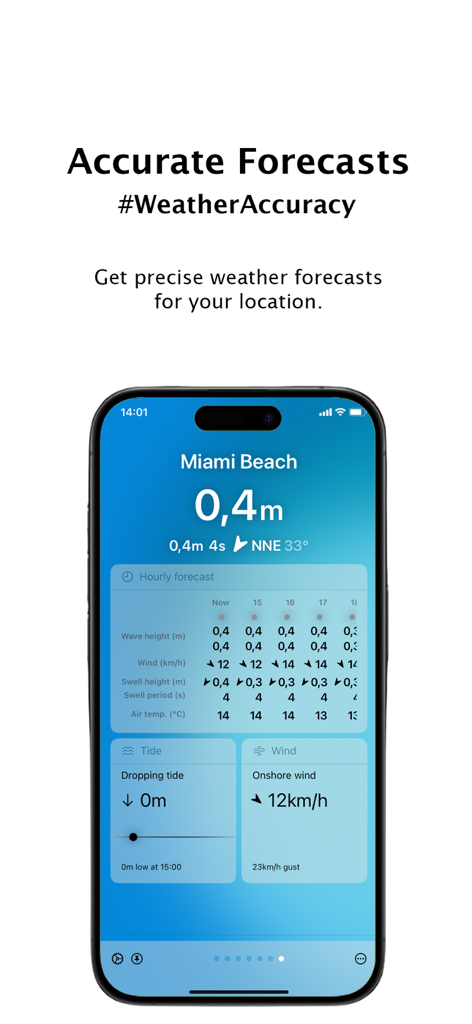 Radar Omega Weather - Forecast - Radar Omega Weather app displaying precise surf and wind data for Miami Beach