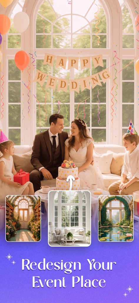 AI Event Designer: Venue Decor - AI Event Designer app interface showing a wedding celebration scene and three venue design options.