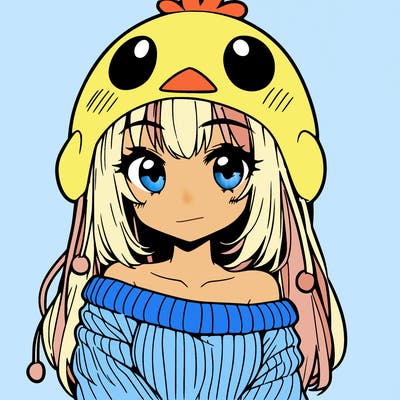 anime girl with chick shaped hat with sweater with bare shoulders with bangs covering them one eye with low tail