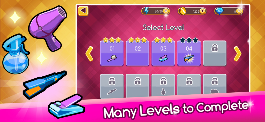 Top Beauty Salon: Hair Games - Level selection screen in the Top Beauty Salon game showing various levels to unlock and salon tool icons