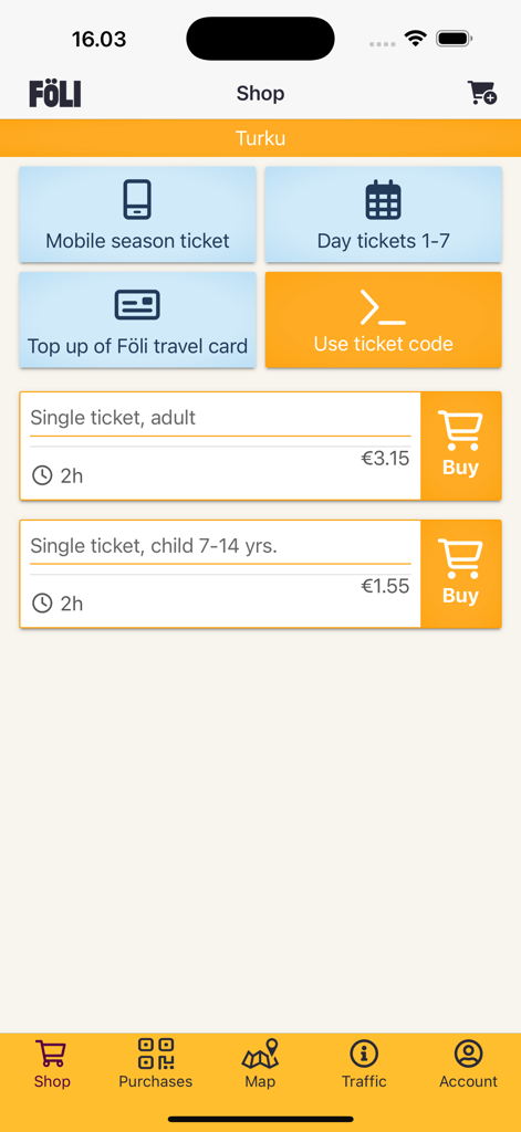 The Föli mobile app shop screen showing bus ticket purchasing options for the Turku region