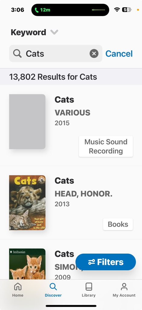 Search results for cats in the MyOCPL Mobile library catalog interface