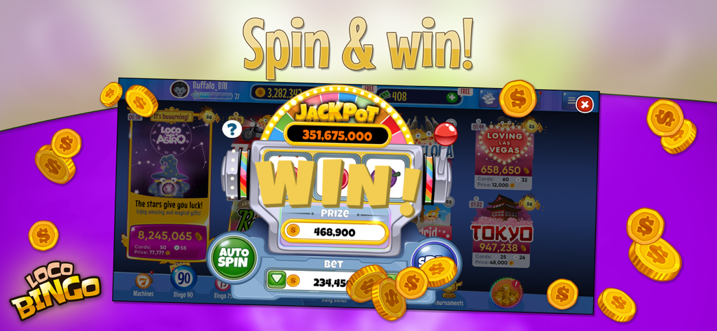 Loco Bingo & Slots Games - A slot machine screen in Loco Bingo showing a big jackpot win with scattered gold coins