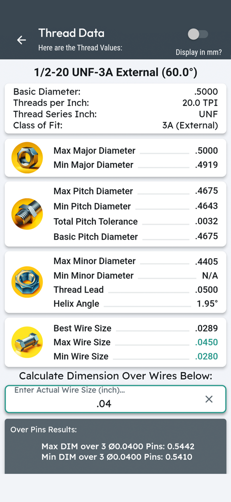 Detailed thread data screen showing dimensions and wire size calculations for a 1/2-20 UNF external thread.