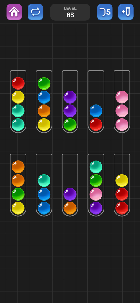 Gameplay screenshot of Ball Sort Puzzle showing colored balls in glass bottles ready for sorting