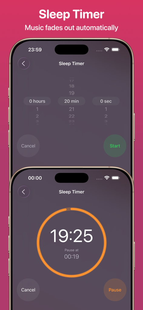 Synic - Offline Music Player - Interfaz de la aplicación Synic mostrando la función de temporizador de apagado que atenúa automáticamente la música.