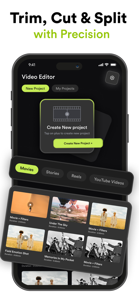 VILO: Video Editor Reel Maker - 新しいプロジェクトを作成し、ソーシャルメディアビデオテンプレートを管理するためのVILOビデオエディタアプリのインターフェース。