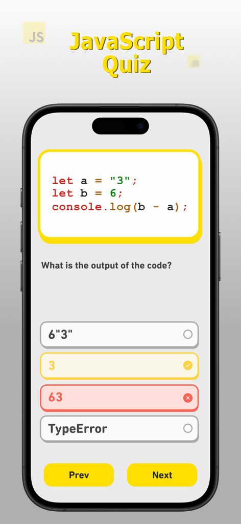 Html Css JavaScript Quiz - Interfaccia del quiz JavaScript che mostra una domanda su snippet di codice con risposte corrette e incorrette indicate