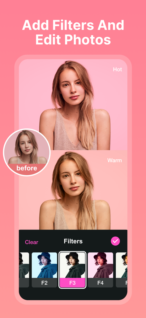 Collage Maker - Photos Editor - Uma interface de aplicativo móvel mostrando uma foto de uma mulher com diferentes filtros aplicados, como Quente e Aconchegante, para edição de retrato.
