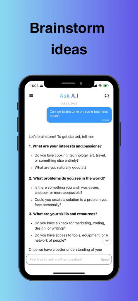 Ask AI app interface showing a conversational brainstorm session for new business ideas.