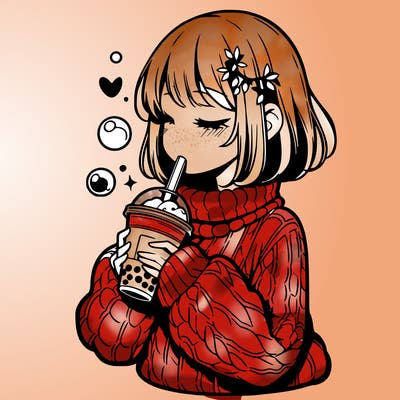 manga girl drinking boba in cozy sweater