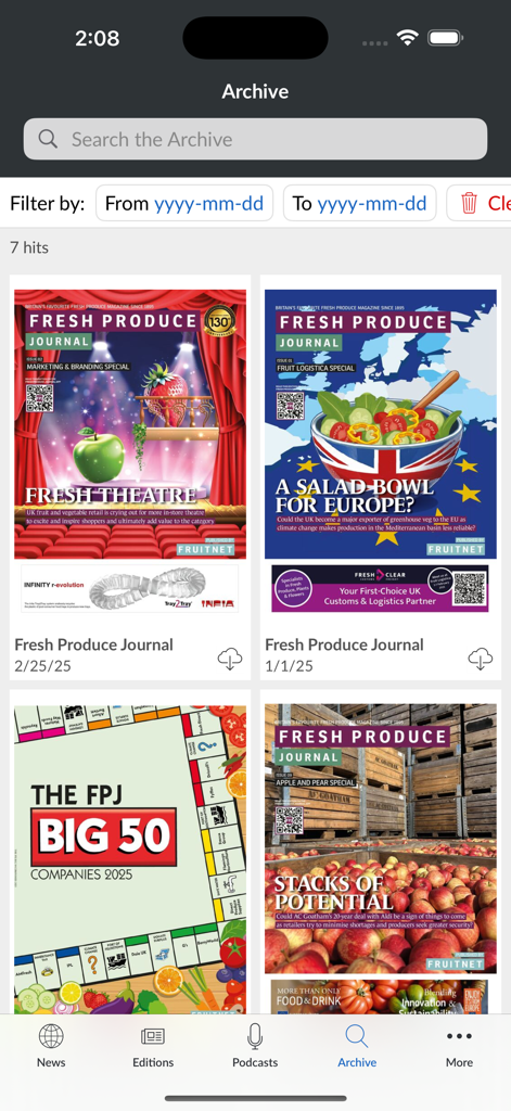 Digital archive of Fresh Produce Journal magazine editions showing search filters and previous issue covers