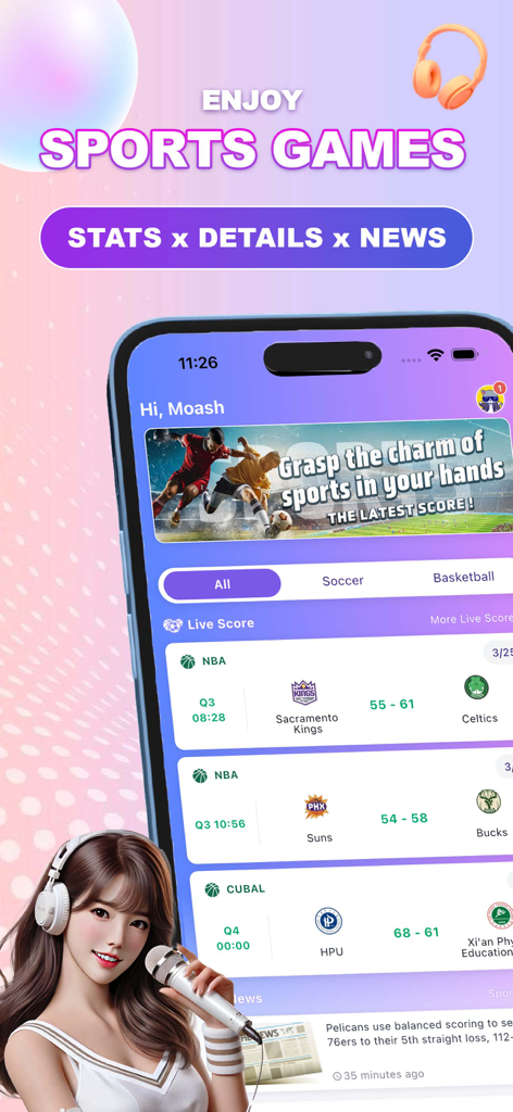 Jioo Live - Jioo Live app interface showing live NBA scores sports stats and a charming content creator avatar