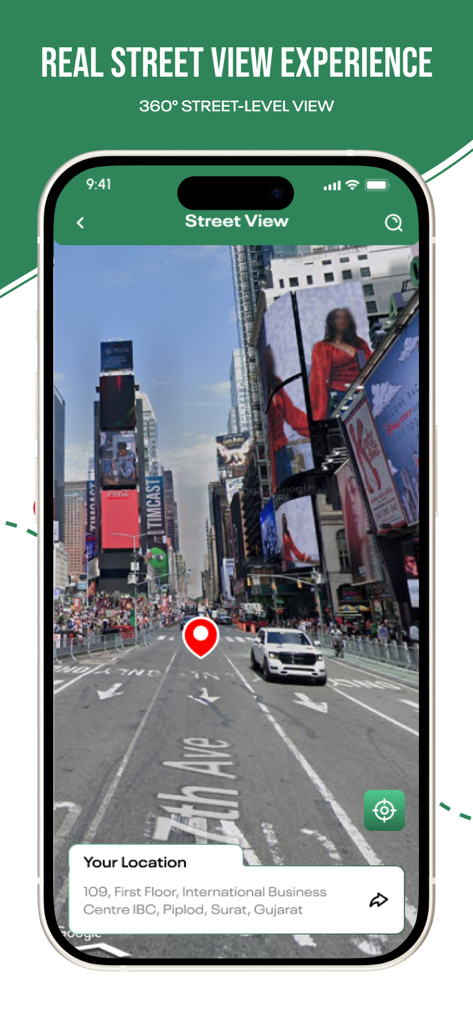 Earth Maps 3D: Live Satellite - iPhone screen showing a 360 degree street level view of a city avenue