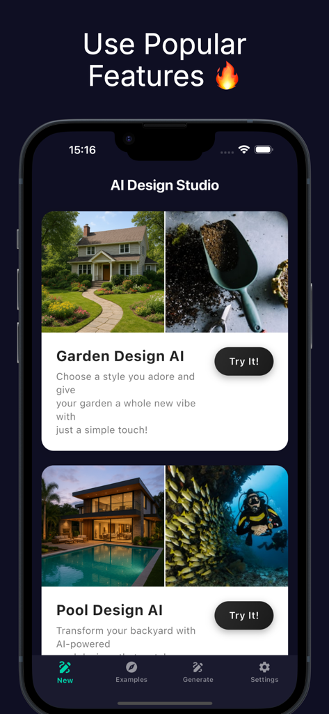rerender : AI Interior Design - Interfaz de la aplicación rerender AI Interior Design que muestra las opciones AI de diseño de jardines y AI de diseño de piscinas en el Estudio de Diseño.