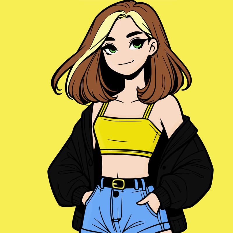 a realistic girl with a crop top and short shorts in an open jacket