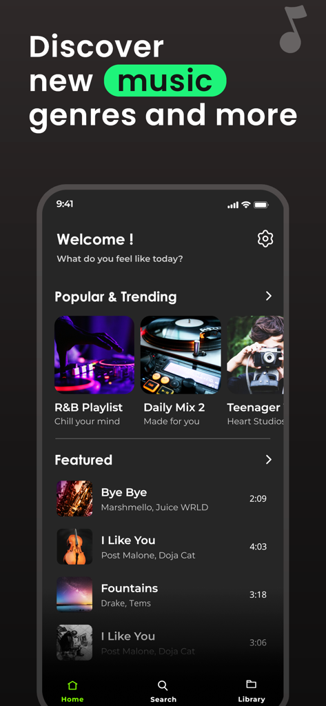 Music Player : Songs Streaming - Pantalla de inicio del reproductor de música mostrando listas de reproducción populares y de tendencia, y canciones destacadas.