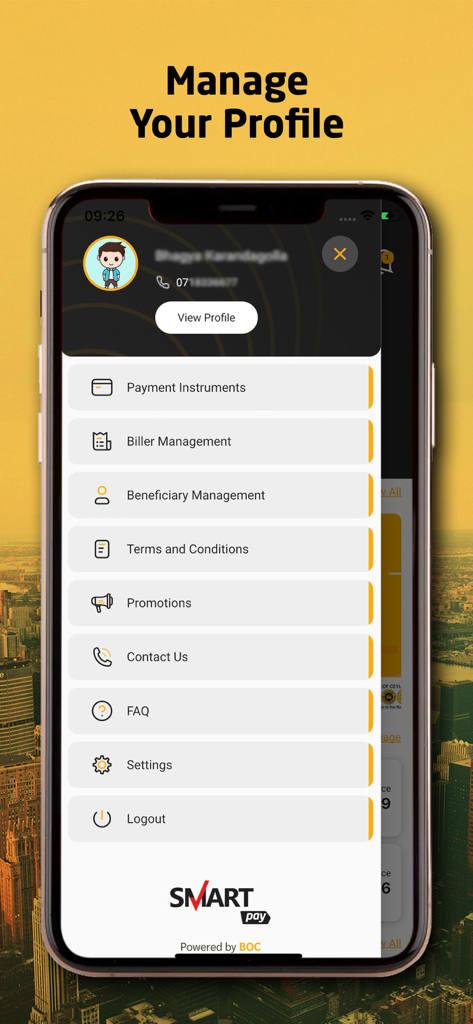 BOC SmartPay app profile menu screen with options for managing payments and settings