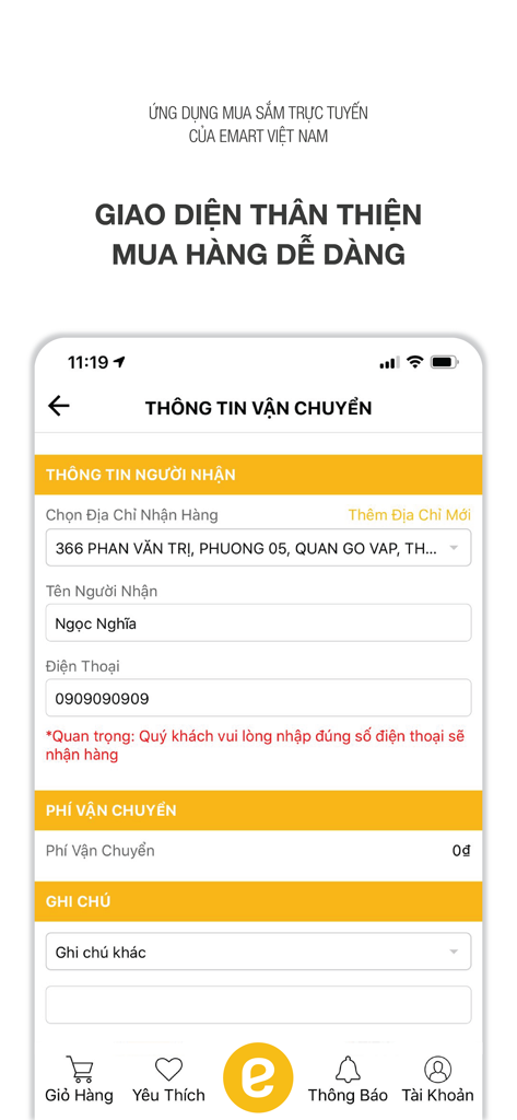 Emartmall VN - Interface de l'application mobile Emartmall VN montrant la page d'informations d'expédition avec les détails du destinataire et l'adresse de livraison.