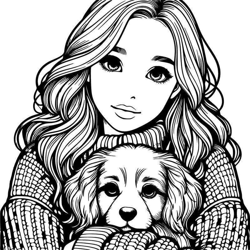 teen realistic girl in a sweater cuddling a realistic cute dog