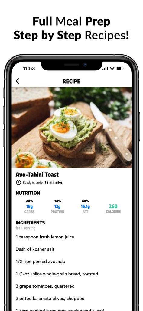 Exerprise Workout Meal Planner - A mobile app screen showing a healthy avocado toast recipe with calorie and macronutrient information