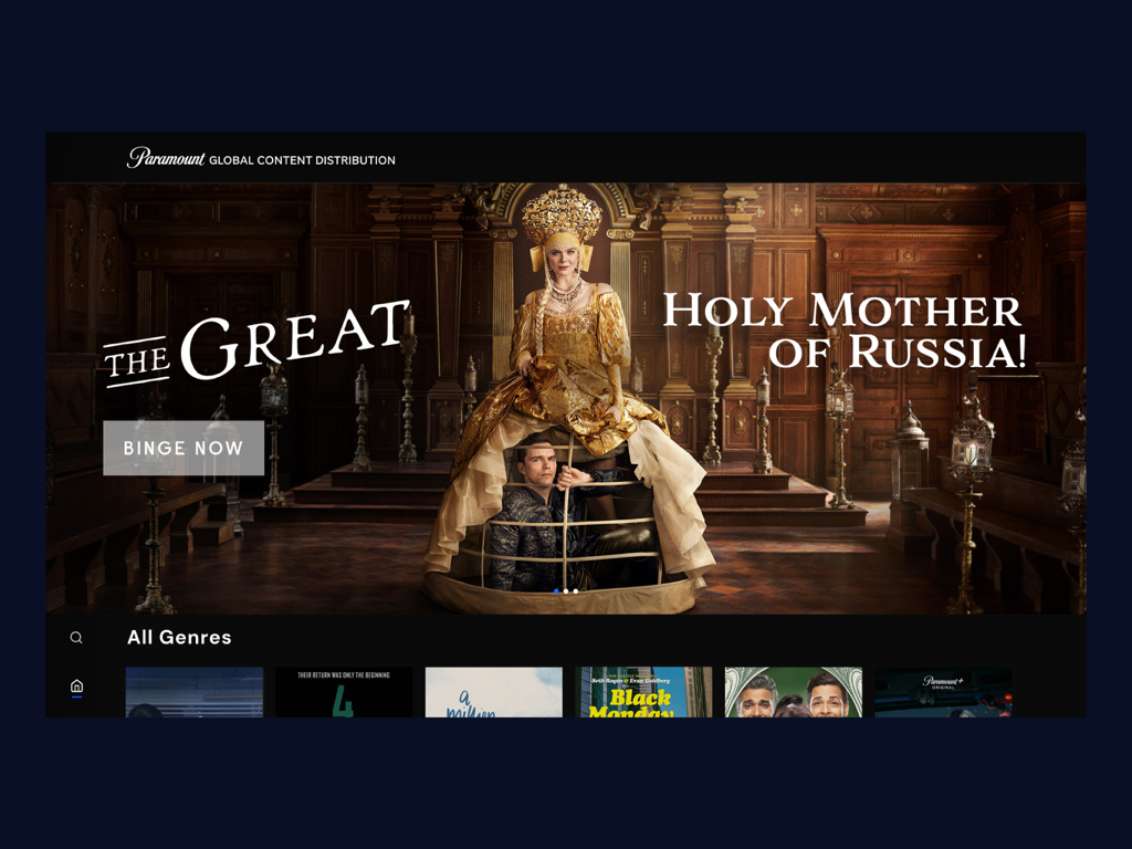 Paramount Global Distribution - Paramount Global Distribution app home screen showing a featured banner for the series The Great and content categories.
