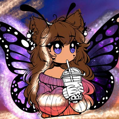 a realistic butterfly/furry girl drinking boba