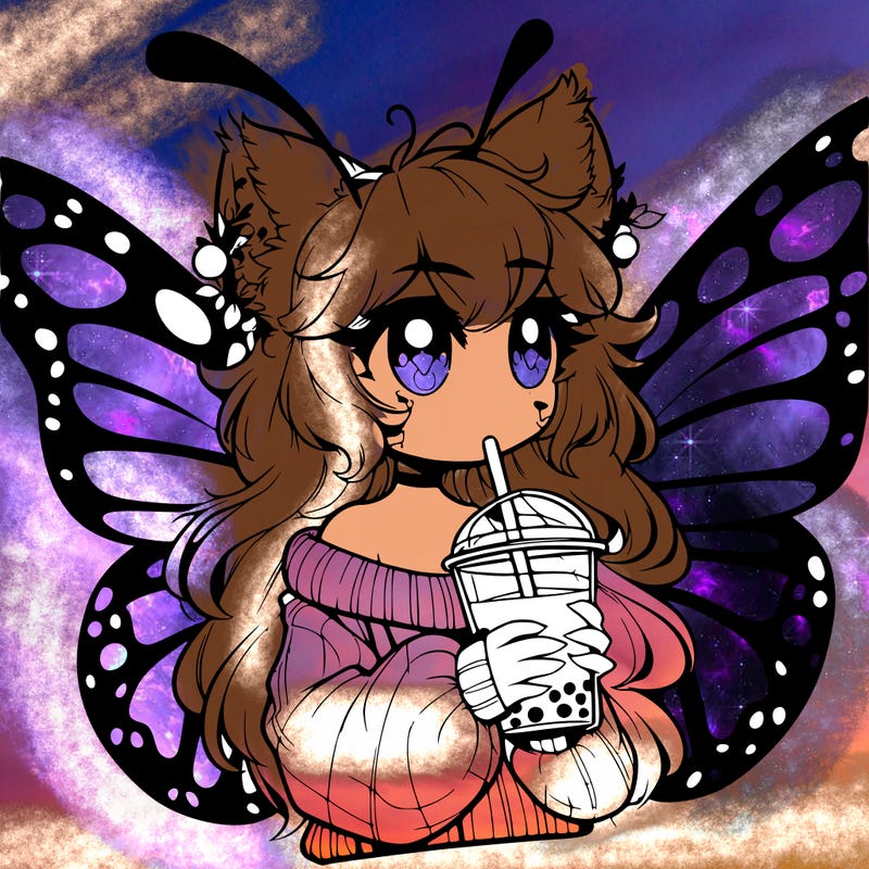 a realistic butterfly/furry girl drinking boba