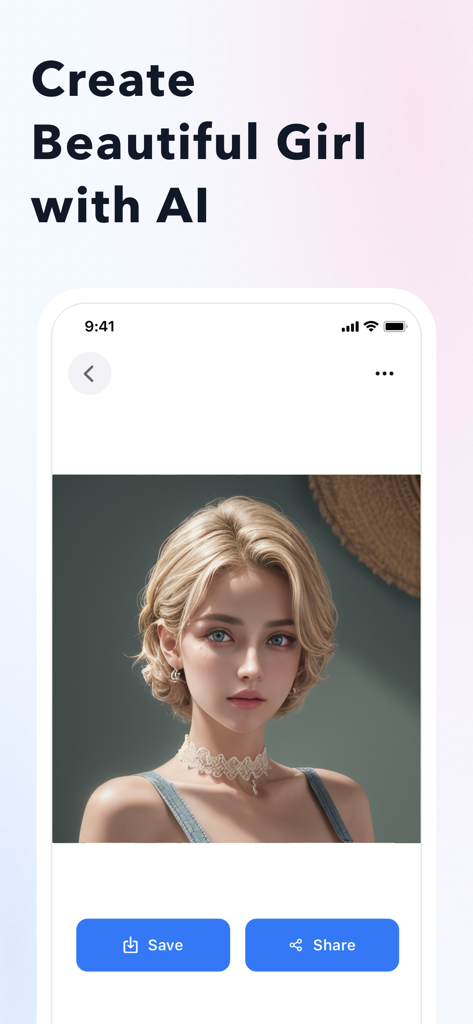 AI Art Generator by AI Picasso - AI Art Generator app interface showing a high quality AI generated woman portrait