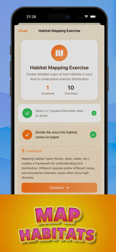 Wild Bird Ledger - Wild Bird Ledgerアプリのインターフェース。完了したステップと教育的なフィードバックが表示された生息地マッピング演習が表示されています。