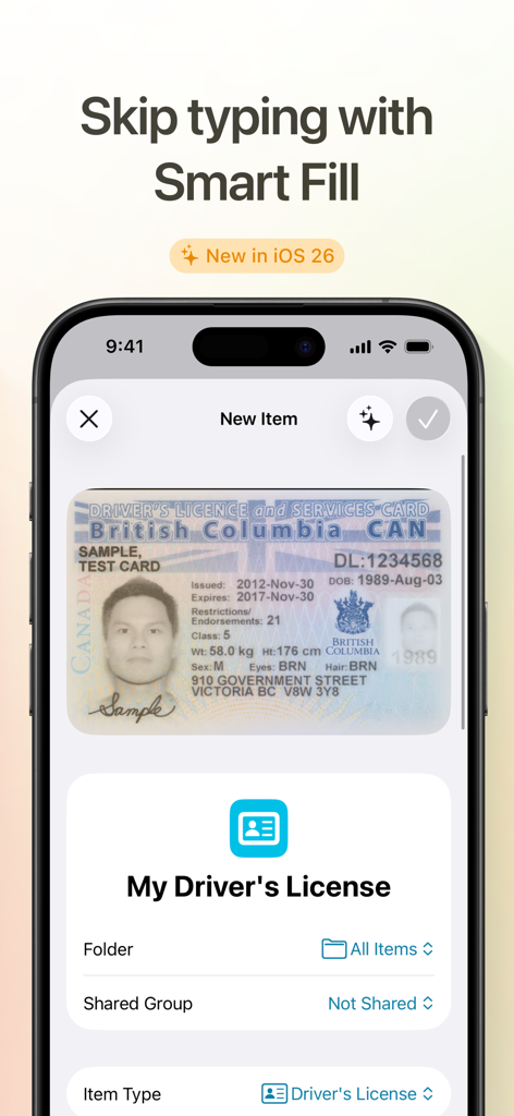 Uplock - iPhone screen showing the Uplock app Smart Fill feature scanning a driver's license