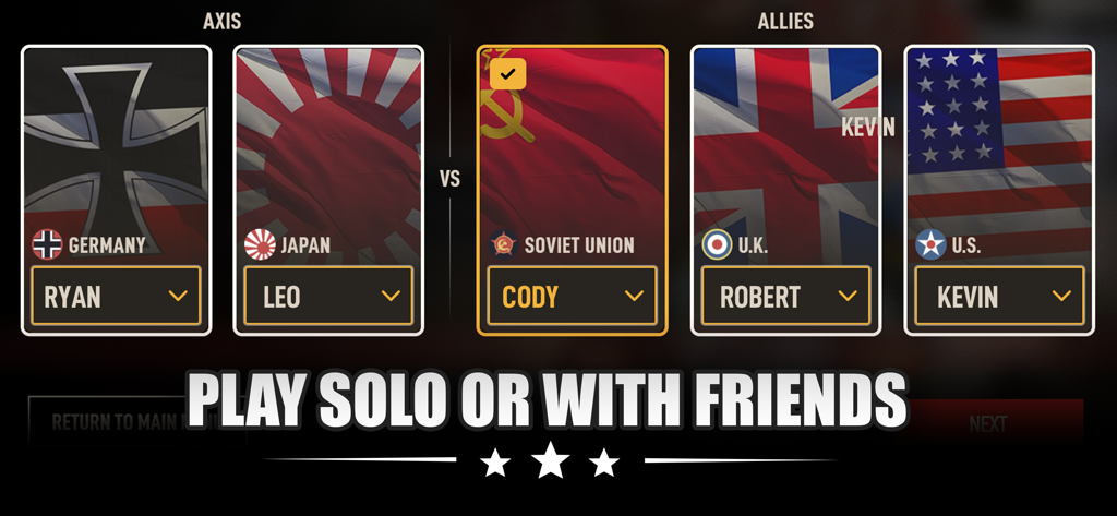 Pantalla de configuración de juego multijugador para Axis and Allies 1942 Online que muestra nombres de jugadores y banderas nacionales para los equipos del Eje y los Aliados.