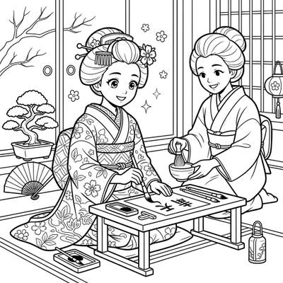 Journey into the serene world of a Maiko apprentice with this delightful coloring page designed for young artists. Watch as they learn traditional Japanese arts like calligraphy and the elegant tea ceremony.