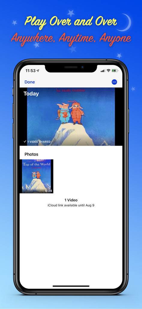 Read Me A Story - A screen in the Read Me A Story app showing a shared video of the storybook Top of the World with a message about an iCloud link.