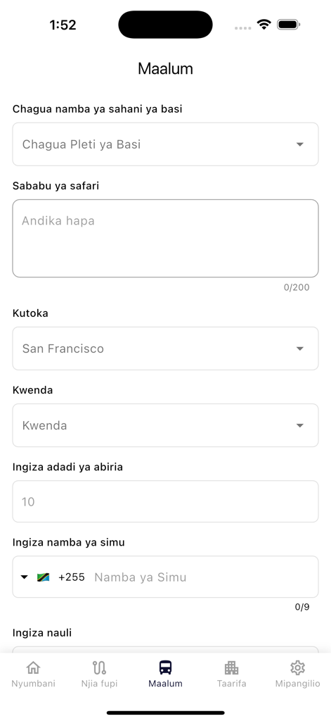 Obus - Mobile interface of the Obus app showing a special bus booking form in Swahili