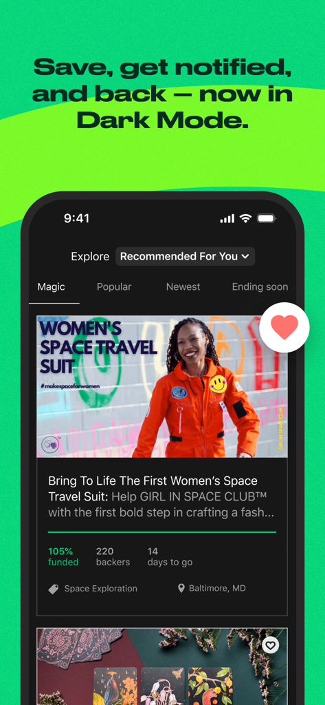 Kickstarter: Projects You Love - Kickstarter mobile app interface showing project recommendations in dark mode.