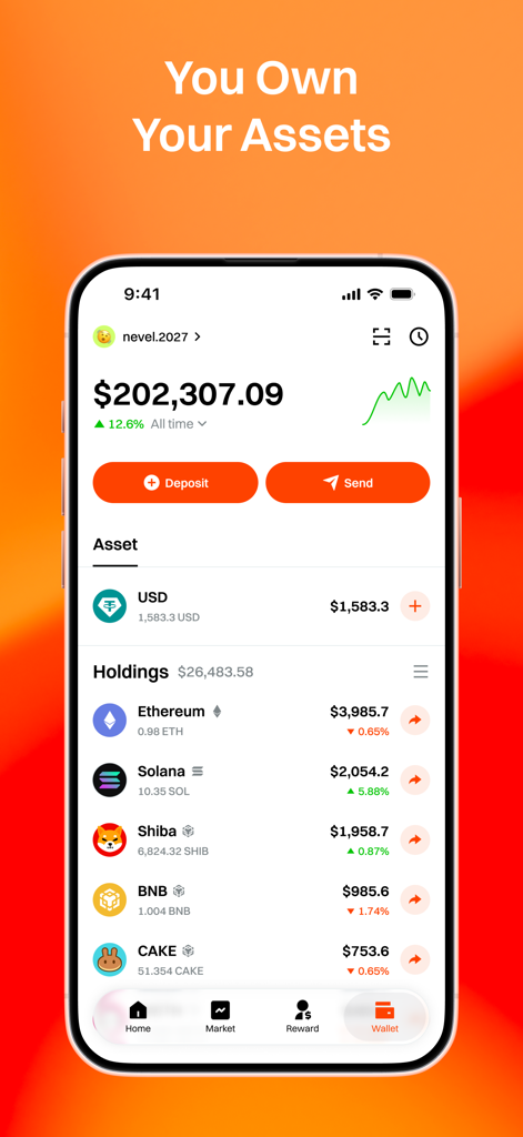 UXUY: Gasless On-Chain Trading - Mobile interface of UXUY app showing a crypto portfolio with diverse digital assets
