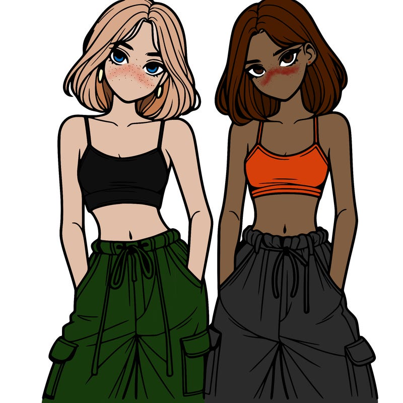 two girls with crop top with baggy pants