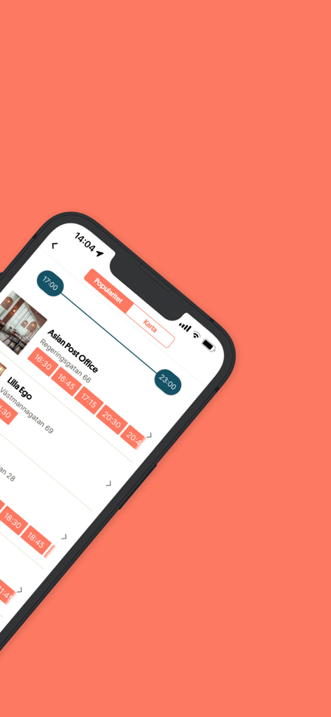 BokaBord - Restaurants - BokaBord app showing a list of Swedish restaurants with available reservation time slots