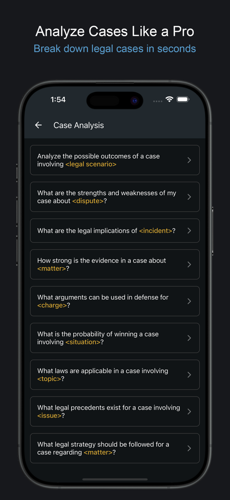 AI Lawyer: Legal Assistant - Interfaccia dell'app Avvocato IA che mostra l'analisi automatica dei casi e le opzioni di richiesta legale