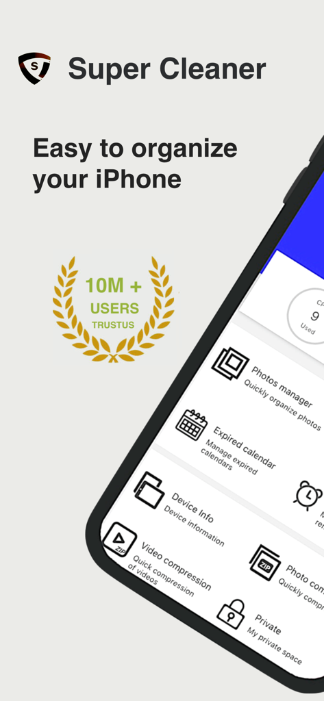 Super Cleaner App-Oberfläche zur Organisation von iPhone-Fotos und Speicherplatz