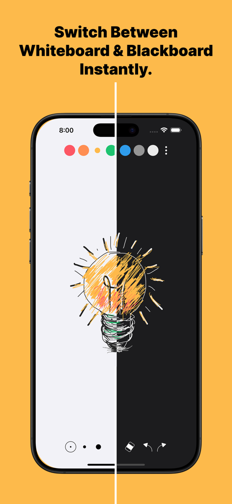 NiBoard: Whiteboard & Sketch - Interfaz que muestra el cambio entre los modos de pizarra blanca y pizarra negra en la aplicación NiBoard con un boceto de bombilla.