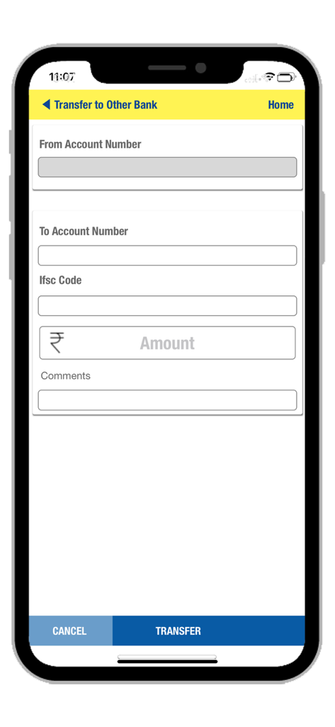 Mobile app interface for transferring funds to another bank account within the UCOPAY digital wallet showing account number and IFSC code fields