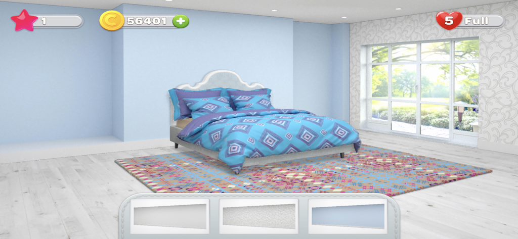Home Decor - Interior Design - Interior design game interface showing a blue bedroom renovation with 3D furniture and decor options.