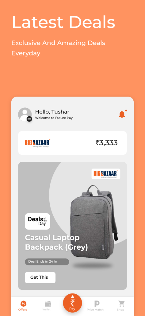 Future Pay - Screenshot of Future Pay app showing Big Bazaar deals and digital wallet balance