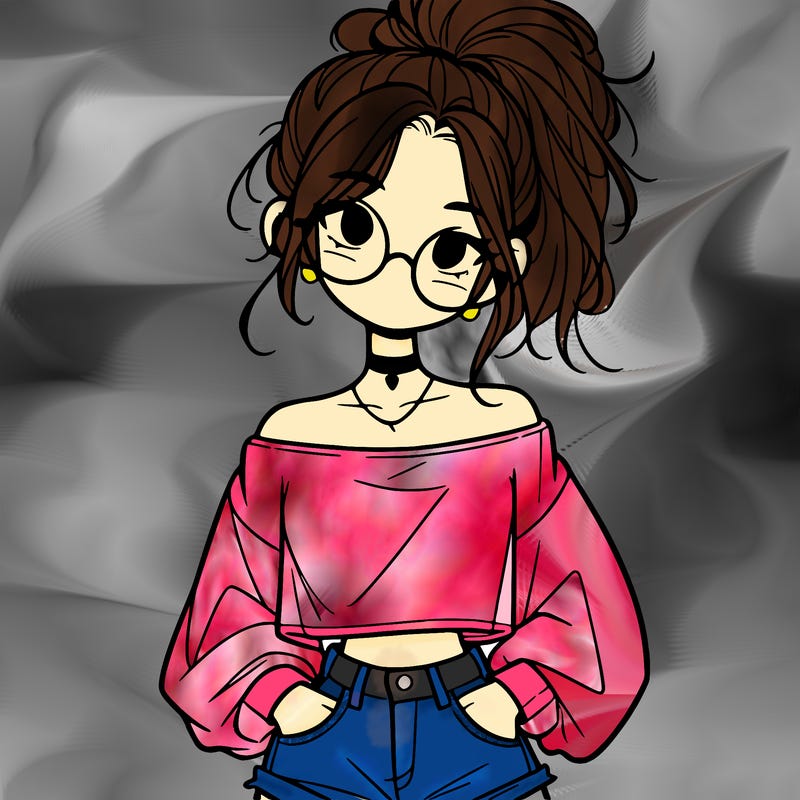 girl with a messy ponytail glasses a baggy crop top and jean shorts