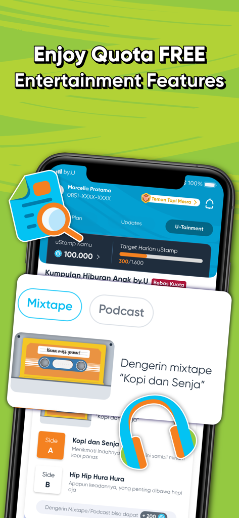Una pantalla de smartphone que muestra la sección de entretenimiento de la app byU con opciones de mixtapes y podcasts gratuitos.