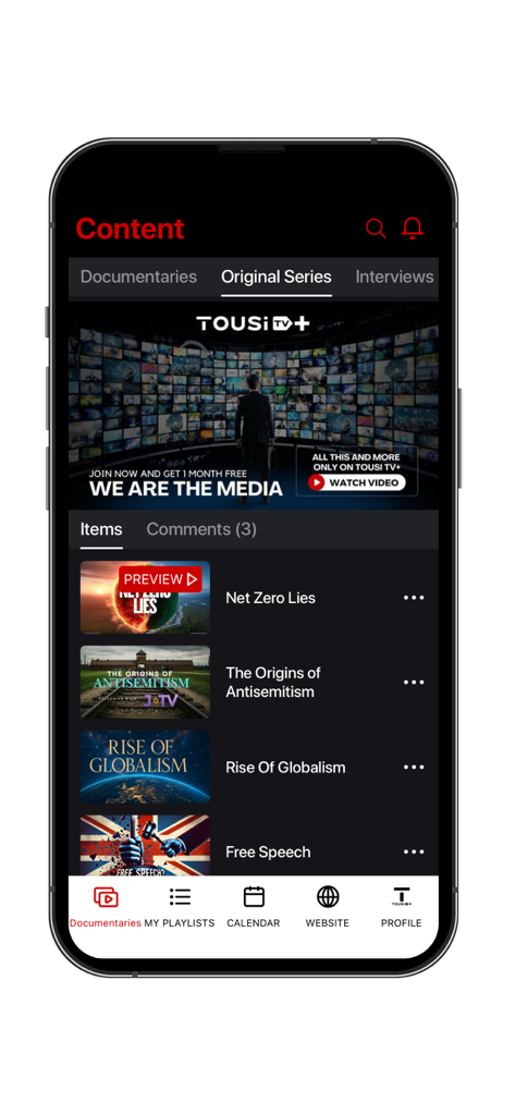 Tousi TV+ - Net Zero Lies 및 Rise of Globalism과 같은 독점 조사 시리즈 목록을 보여주는 Tousi TV plus 모바일 앱 인터페이스