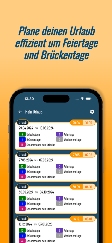 Interface de l'application affichant les résumés de planification des vacances avec des calculs de jours fériés et de ponts.